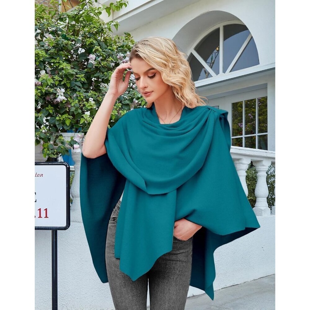 Women's 1-dark Cyan Cross Front Poncho Sweater Wrap Knitted Elegant Shawls Cape - Picture 2 of 6